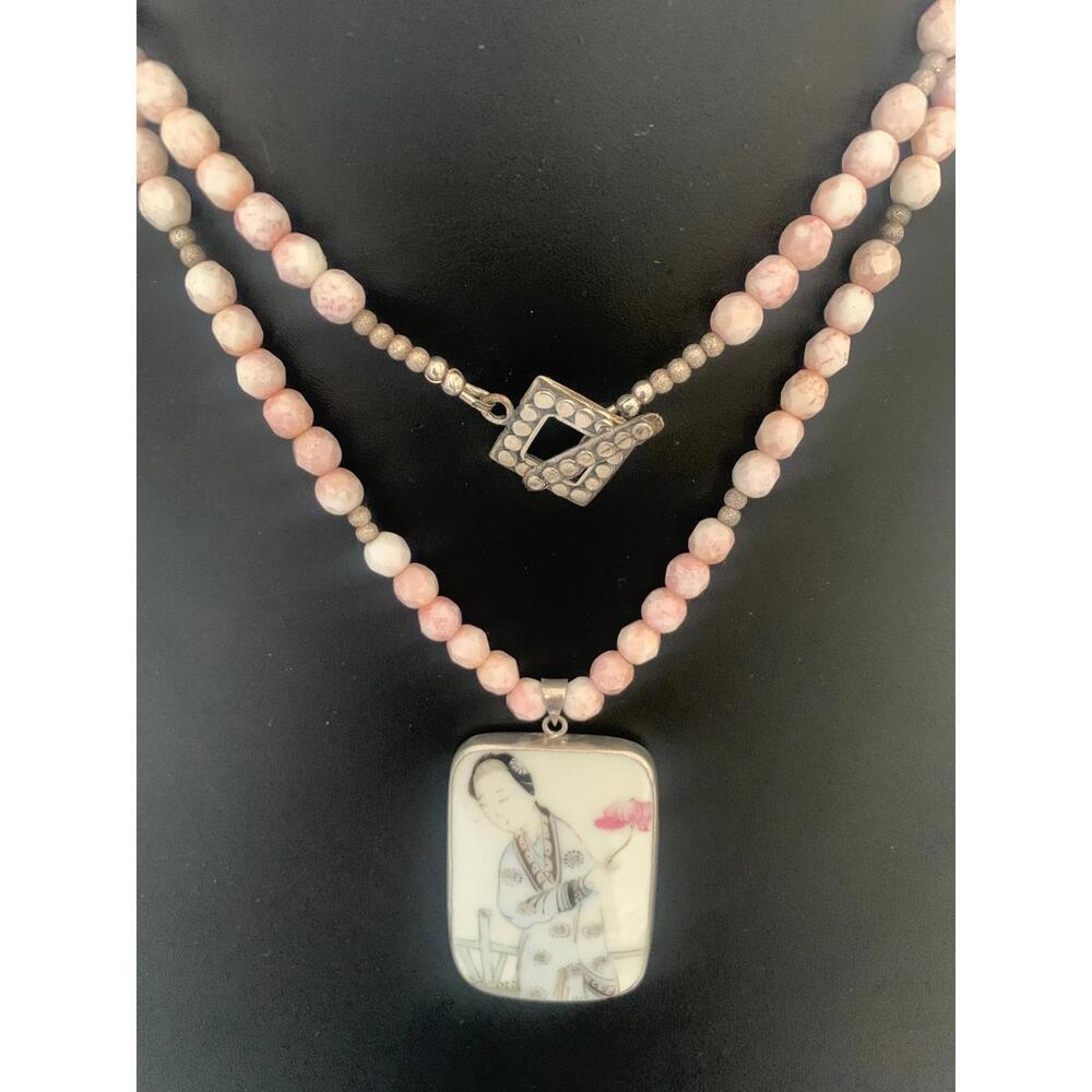 Vintage Chinese Porcelain Shard Necklace, Sterling & Pink Czech Glass - Picture 2 of 9